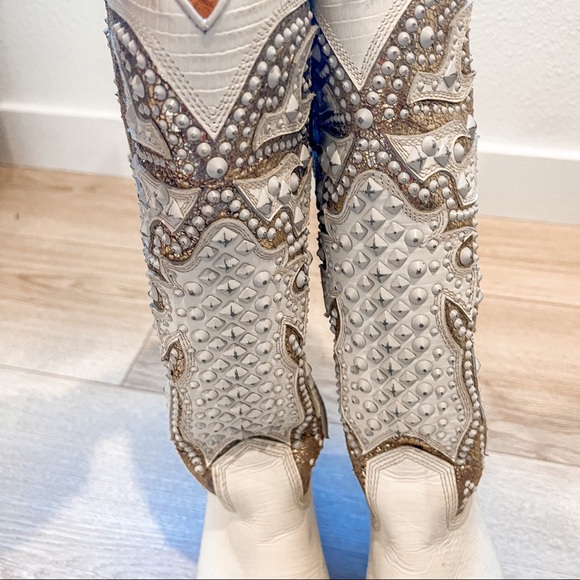 Frye Leather Deborah Deco Tall in White/Gold/Brown - Picture 10 of 13